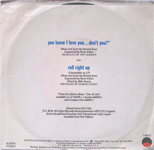 Howard Jones : You Know I Love You ... Don't You? (7", All)