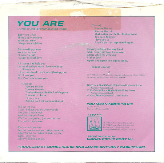 Lionel Richie : You Are (7", Single)
