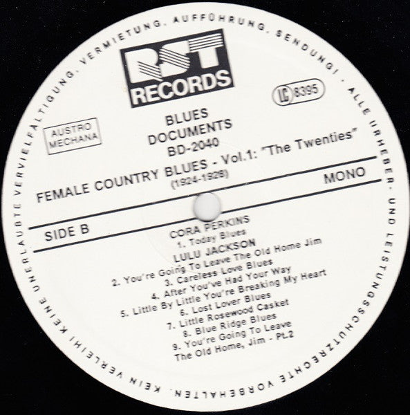 Various : Female Country Blues Vol. 1: The Twenties (1924-1928) (LP, Comp, Mono, RM)