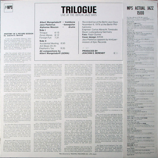 Albert Mangelsdorff - Alphonse Mouzon - Jaco Pastorius : Trilogue - Live At The Berlin Jazz Days (LP, Album)