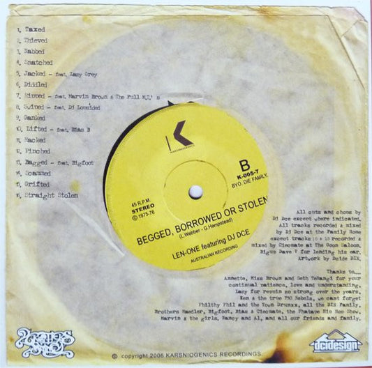 Len-One* Featuring DJ Dce : Begged, Borrowed Or Stolen (CD, Promo)