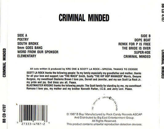 Boogie Down Productions : Criminal Minded (CD, Album, RE)
