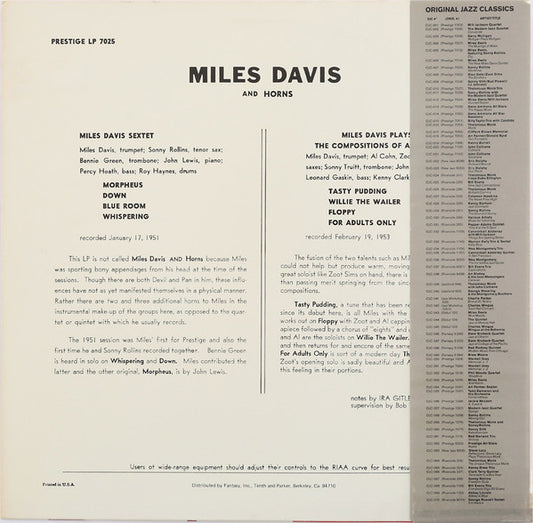 Miles Davis : Miles Davis And Horns (LP, Comp, RE)