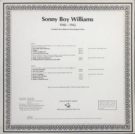 Sonny Boy Williams : 1940-1942 (Complete Recordings In Chronological Order) (LP, Comp, S/Edition)