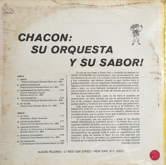 Chacon Y Su Orquesta : Chacon: Su Orquesta Y Su Sabor (LP, Album, Mono)