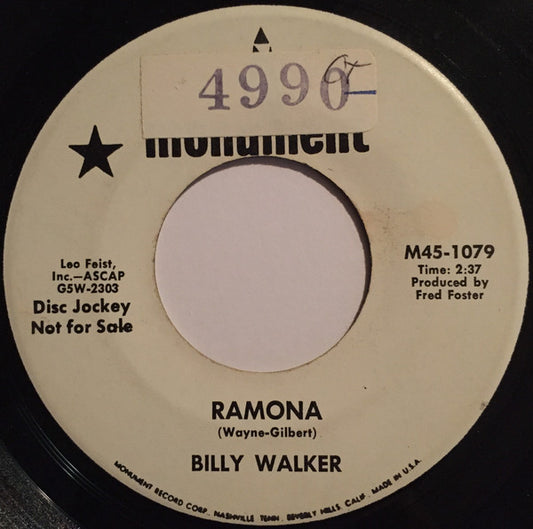 Billy Walker : One Inch Off The Ground / Ramona (7", Single, Promo)