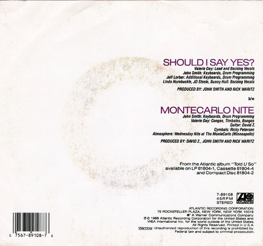 Nu Shooz : Should I Say Yes? (7", Single, Spe)