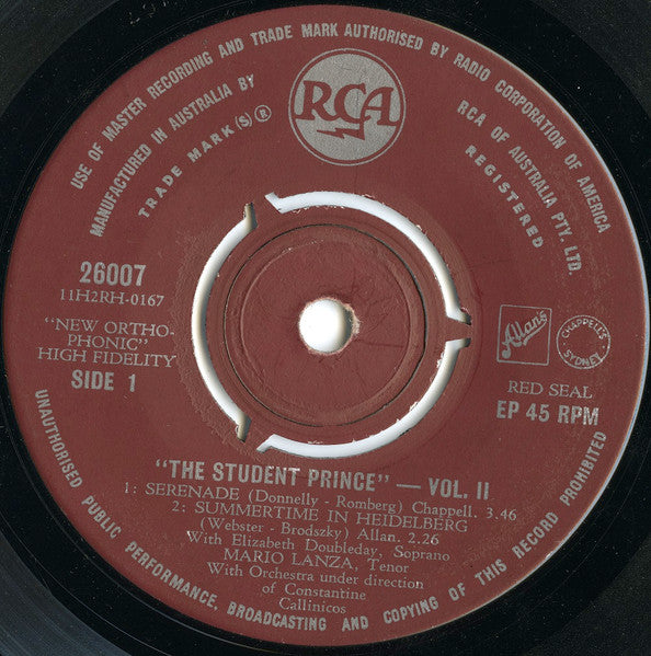 Mario Lanza - The Student Prince (Volume 2) (7", 45 RPM, EP) (Very Good (VG))