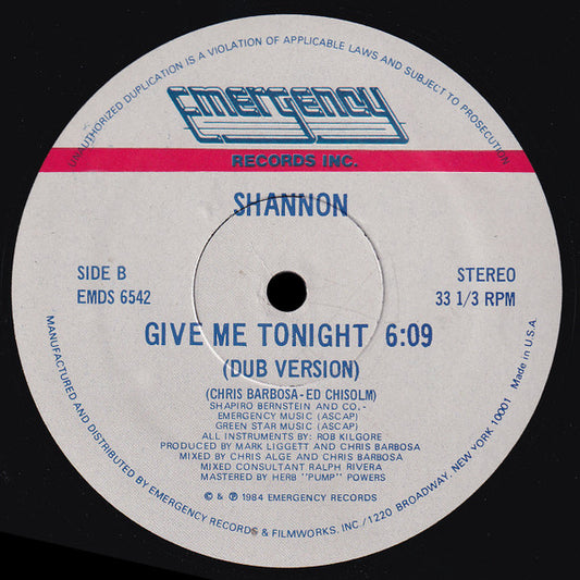 Shannon - Give Me Tonight (12", 33 ⅓ RPM, Stereo) (Very Good Plus (VG+))