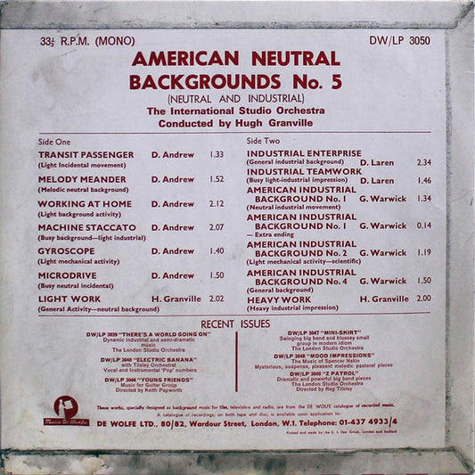 Denys Andrew, Hugh Granville, Derek Laren, George Warwick, The International Studio Orchestra : American Neutral Backgrounds No. 5 (10", Mono)