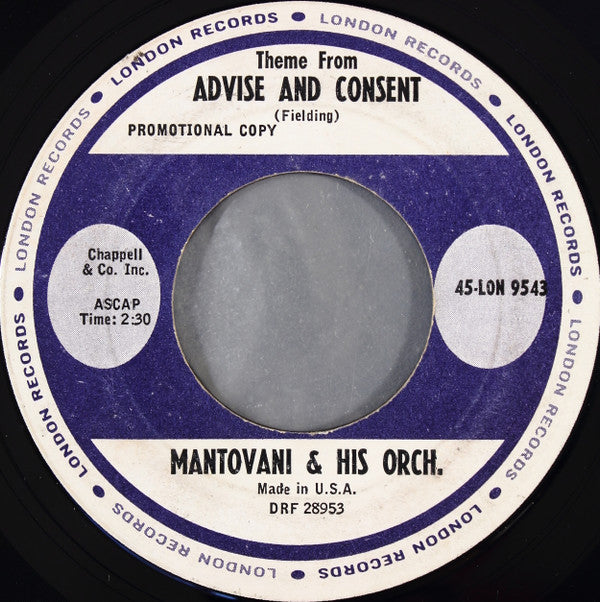 Mantovani & His Orch.* : Theme From Advise And Consent / Let Me Call You Sweetheart (7", Promo)