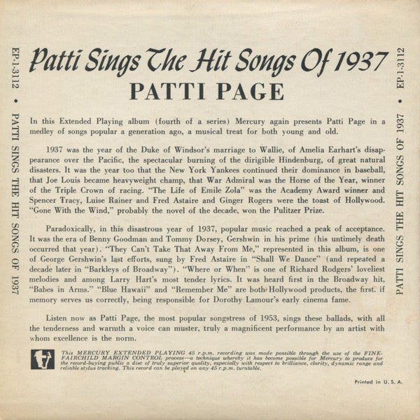Patti Page : Patti Sings The Hit Songs Of 1937 (7", EP)