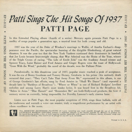 Patti Page : Patti Sings The Hit Songs Of 1937 (7", EP)