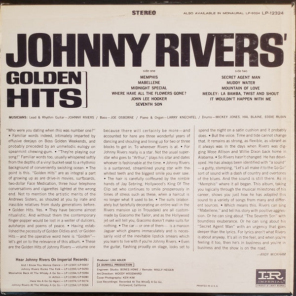 Johnny Rivers : Johnny Rivers' Golden Hits (LP, Album, Comp, RP, All)