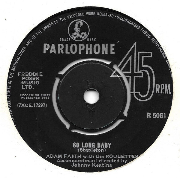 Adam Faith With The Roulettes : So Long Baby (7", Single)