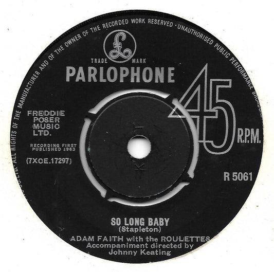 Adam Faith With The Roulettes : So Long Baby (7", Single)