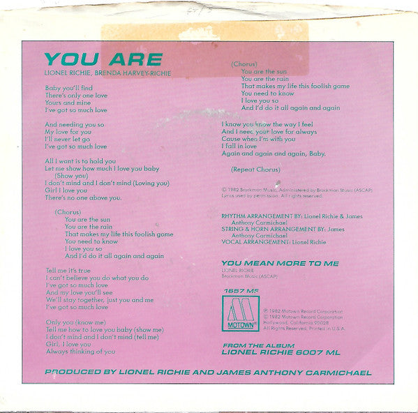 Lionel Richie : You Are (7", Single)