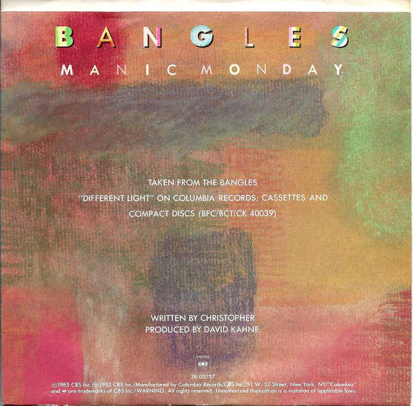 Bangles : Manic Monday (7", Single, Styrene, Car)