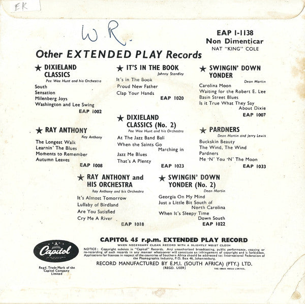 Nat "King" Cole* : Non Dimenticar (7", EP, Mono)