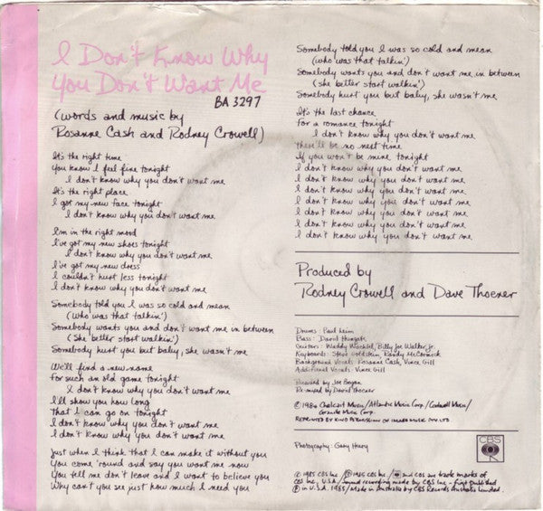 Rosanne Cash : I Don't Know Why You Don't Want Me (7", Single)