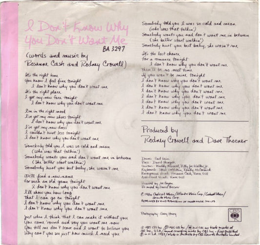 Rosanne Cash : I Don't Know Why You Don't Want Me (7", Single)