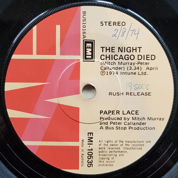 Paper Lace : The Night Chicago Died (7", Single, Promo)