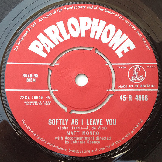 Matt Monro : Softly As I Leave You (7", Single)