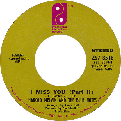 Harold Melvin And The Blue Notes : I Miss You (7", Styrene, Ter)