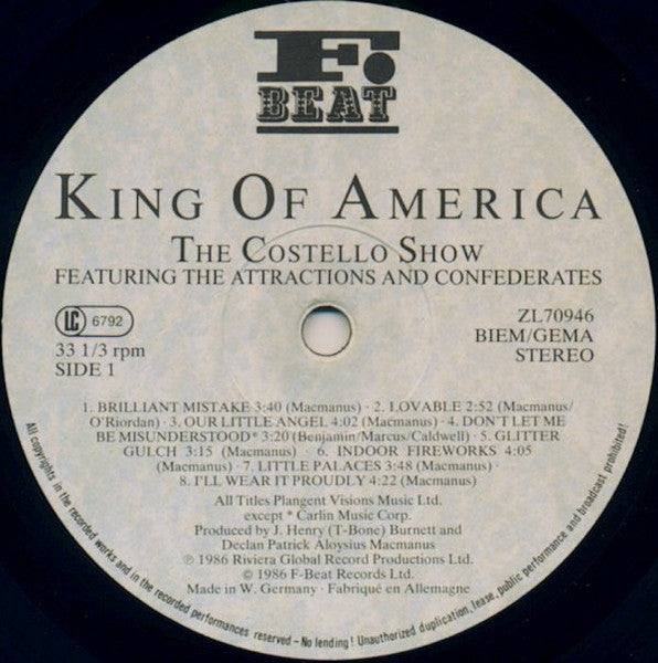 The Costello Show Featuring The Attractions And Confederates* : King Of America (LP, Album)