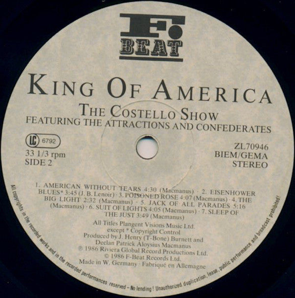 The Costello Show Featuring The Attractions And Confederates* : King Of America (LP, Album)