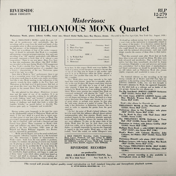 Thelonious Monk Quartet* : Misterioso (LP, Album, RE)