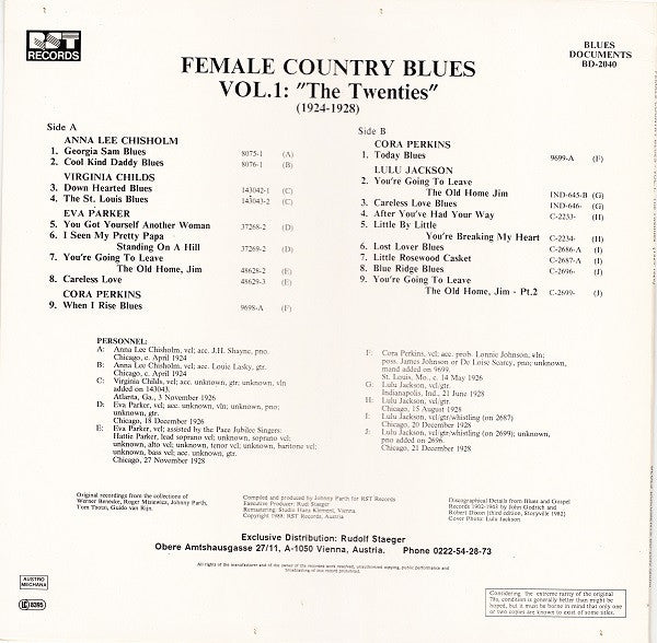 Various : Female Country Blues Vol. 1: The Twenties (1924-1928) (LP, Comp, Mono, RM)