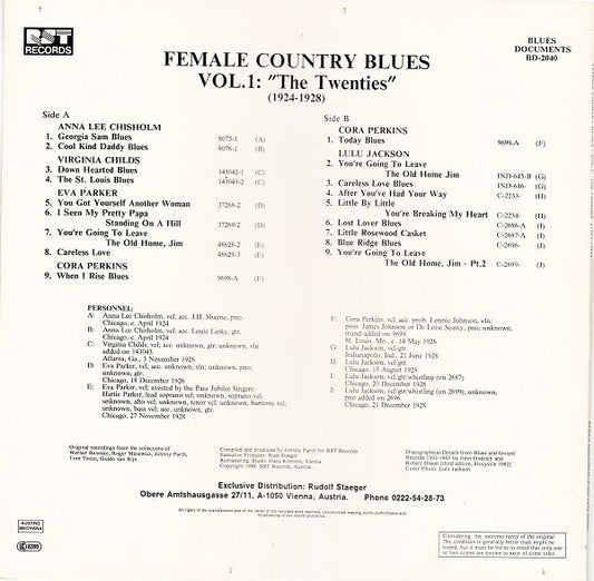 Various : Female Country Blues Vol. 1: The Twenties (1924-1928) (LP, Comp, Mono, RM)