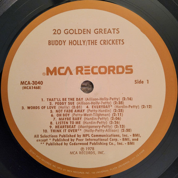 Buddy Holly / The Crickets (2) : 20 Golden Greats (LP, Comp, Mono, Pin)