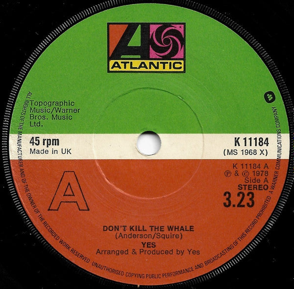 Yes : Don't Kill The Whale (7", Single)