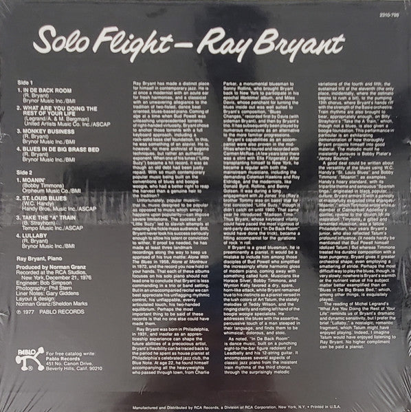 Ray Bryant : Solo Flight (LP, Album, Ind)
