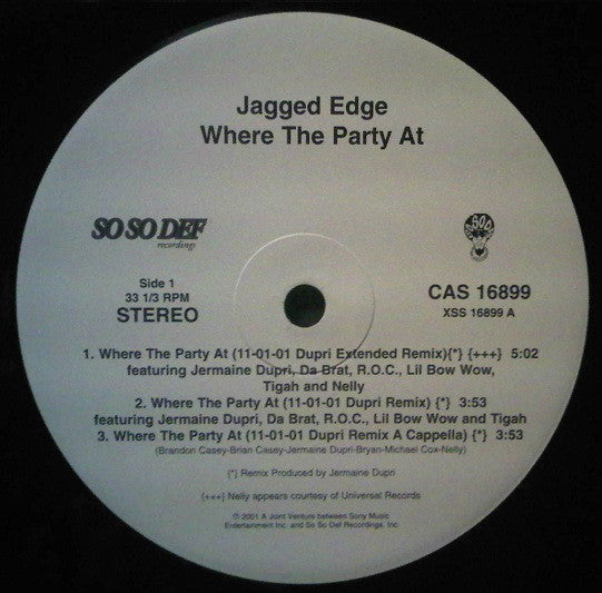 Jagged Edge (2) Featuring Jermaine Dupri, Da Brat, R.O.C., Lil Bow Wow*, Tigah & Nelly : Where The Party At (12", Promo)