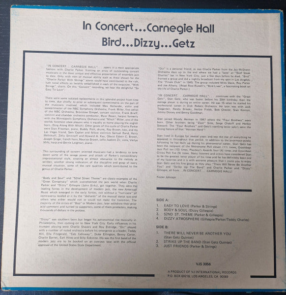 Dizzy Gillespie, Charlie Parker, Stan Getz : Dizzy Bird Getz:  In Concert..... Carnegie Hall (LP, Comp)