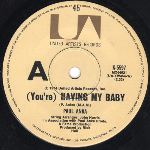 Paul Anka : (You're) Having My Baby (7")