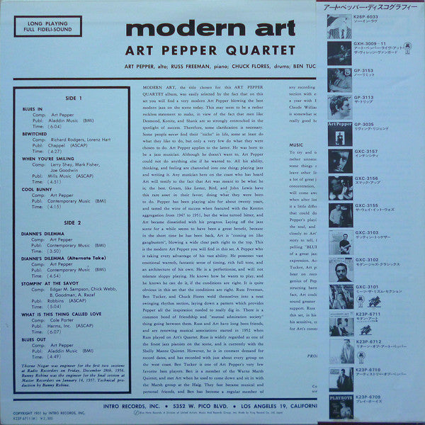 Art Pepper Quartet : Modern Art (LP, Album, Mono, RE)