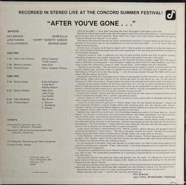 Herb Ellis, Ray Brown, Harry "Sweets" Edison*, Jake Hanna, Plas Johnson, George Duke : After You've Gone (LP, Album)
