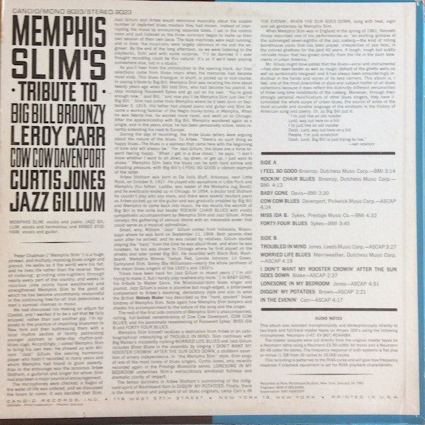 Memphis Slim : Memphis Slim's Tribute To Big Bill Broonzy, Leroy Carr, Cow Cow Davenport, Curtis Jones, Jazz Gillum (LP, Album, Mono)