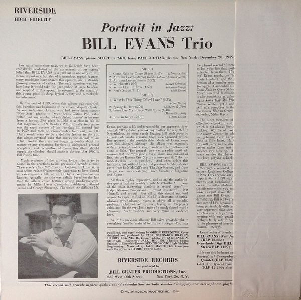 Bill Evans Trio* / ビル・エヴァンス* : Portrait In Jazz = ポートレイト・イン・ジャズ (LP, Album, RE)