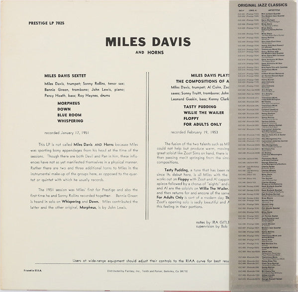 Miles Davis : Miles Davis And Horns (LP, Comp, RE)