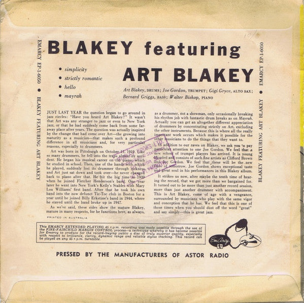 Art Blakey : Blakey (7", EP)