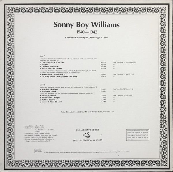 Sonny Boy Williams : 1940-1942 (Complete Recordings In Chronological Order) (LP, Comp, S/Edition)
