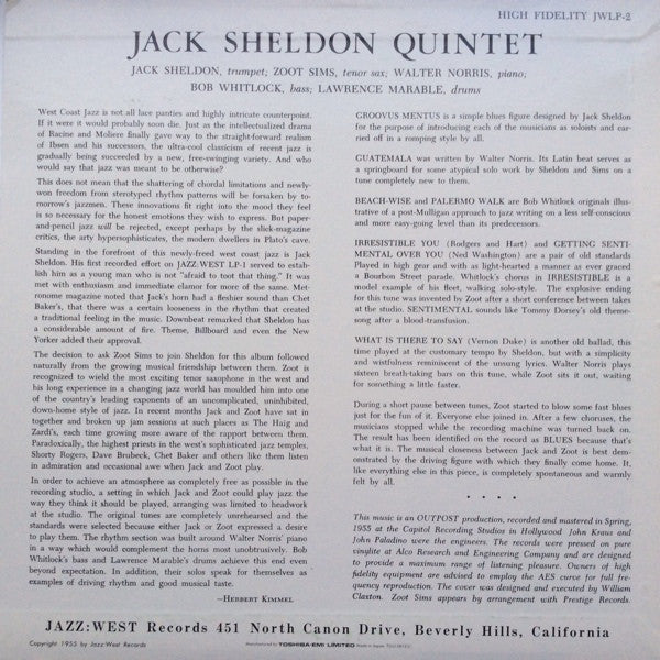 Jack Sheldon Quintet With Zoot Sims : Jack Sheldon Quintet (LP, Album, Mono, Ltd, RE)