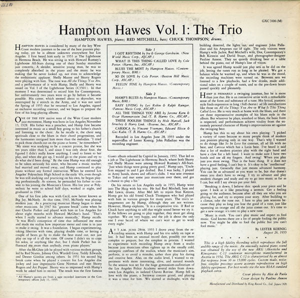 Hampton Hawes Trio : Hampton Hawes Trio, Vol. 1 (LP, Album, Mono, RE)