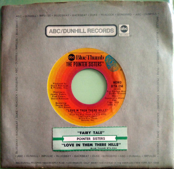 Pointer Sisters : Love In Them There Hills (7", Single, Mono, Ter)