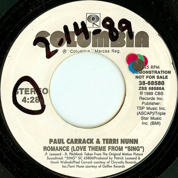 Paul Carrack & Terri Nunn : Romance (Love Theme From "Sing") (7", Promo)